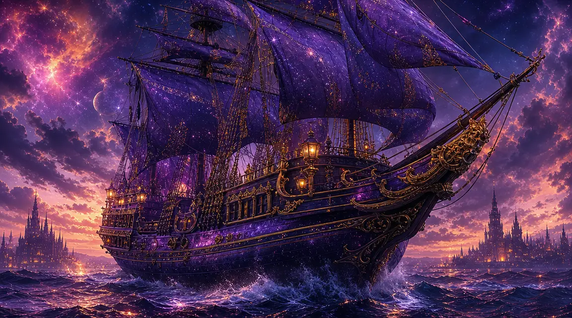 Galeone gotico surreale che solca un mare di fantasia in tempesta