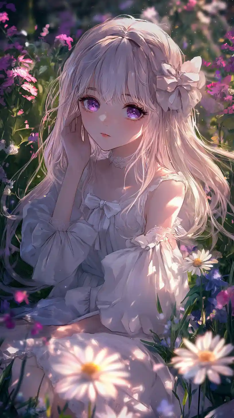 Ragazza anime con abito rosa seduta in un campo di fiori luminosi
