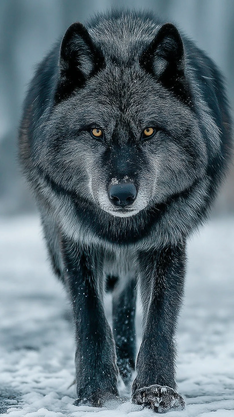 Lobo negro caminhando pela neve imaculada com olhos vermelhos em chamas