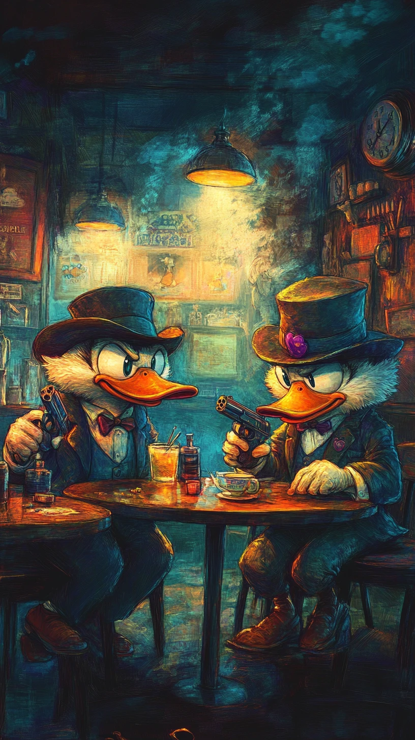 Patos gângster antropomórficos planejando um assalto em um speakeasy