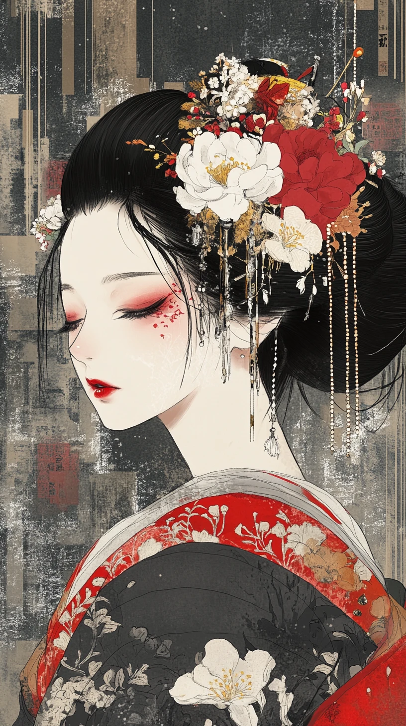 Japanische Frau im Kimono mit Blumen vor urbaner Stadtkulisse