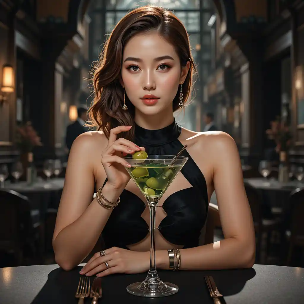 Studentessa coreana al primo anno, sicura di sé, con martini in un ristorante buio