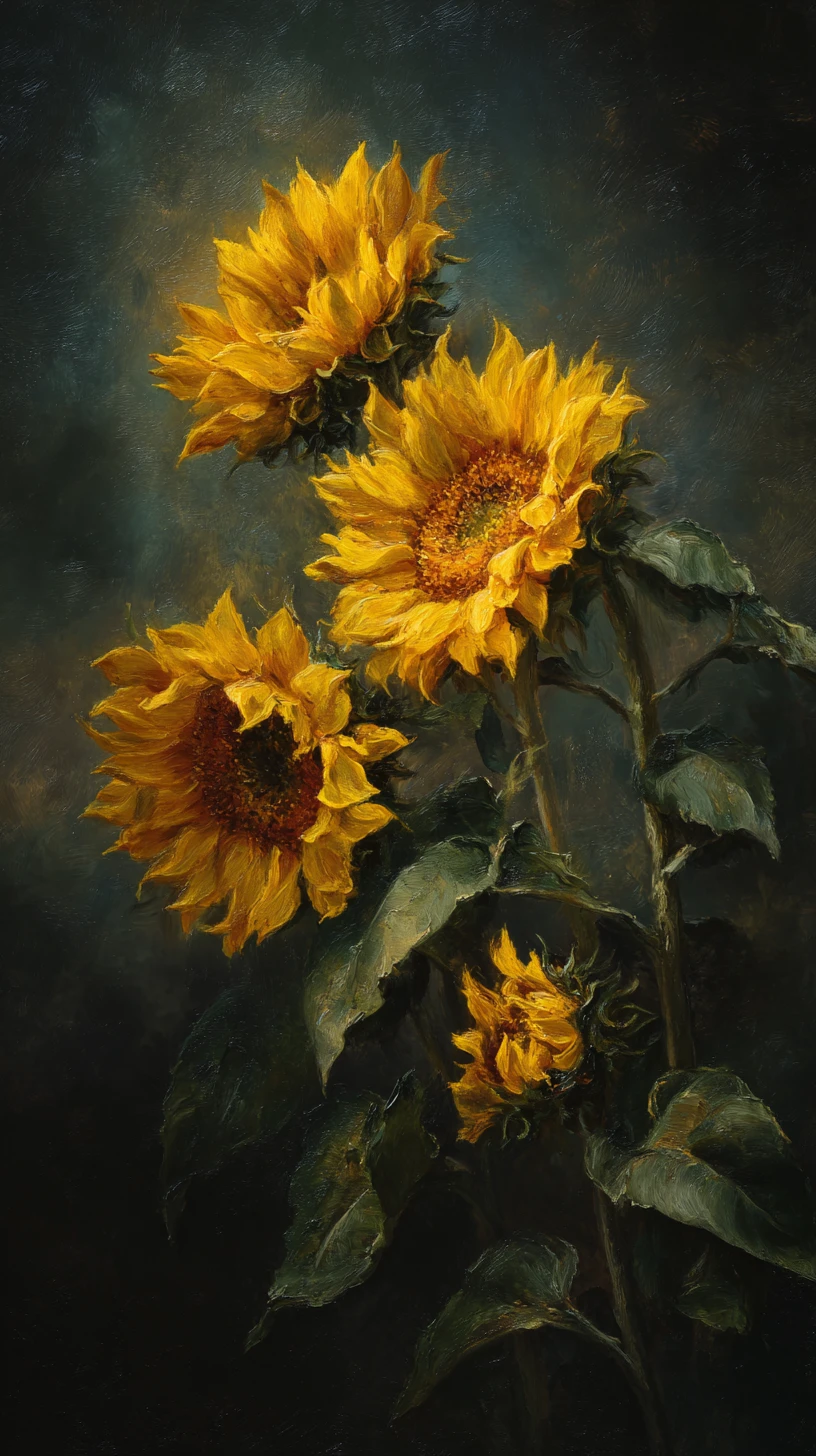 Pintura a óleo realista de girassóis em tons dramáticos de crepúsculo