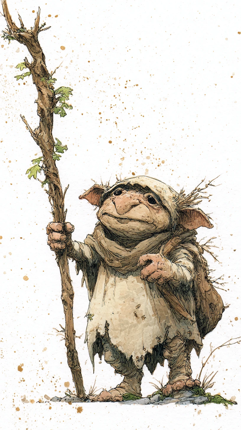 Gnome fantasque avec bâton de brindille vivante en aquarelle et encre
