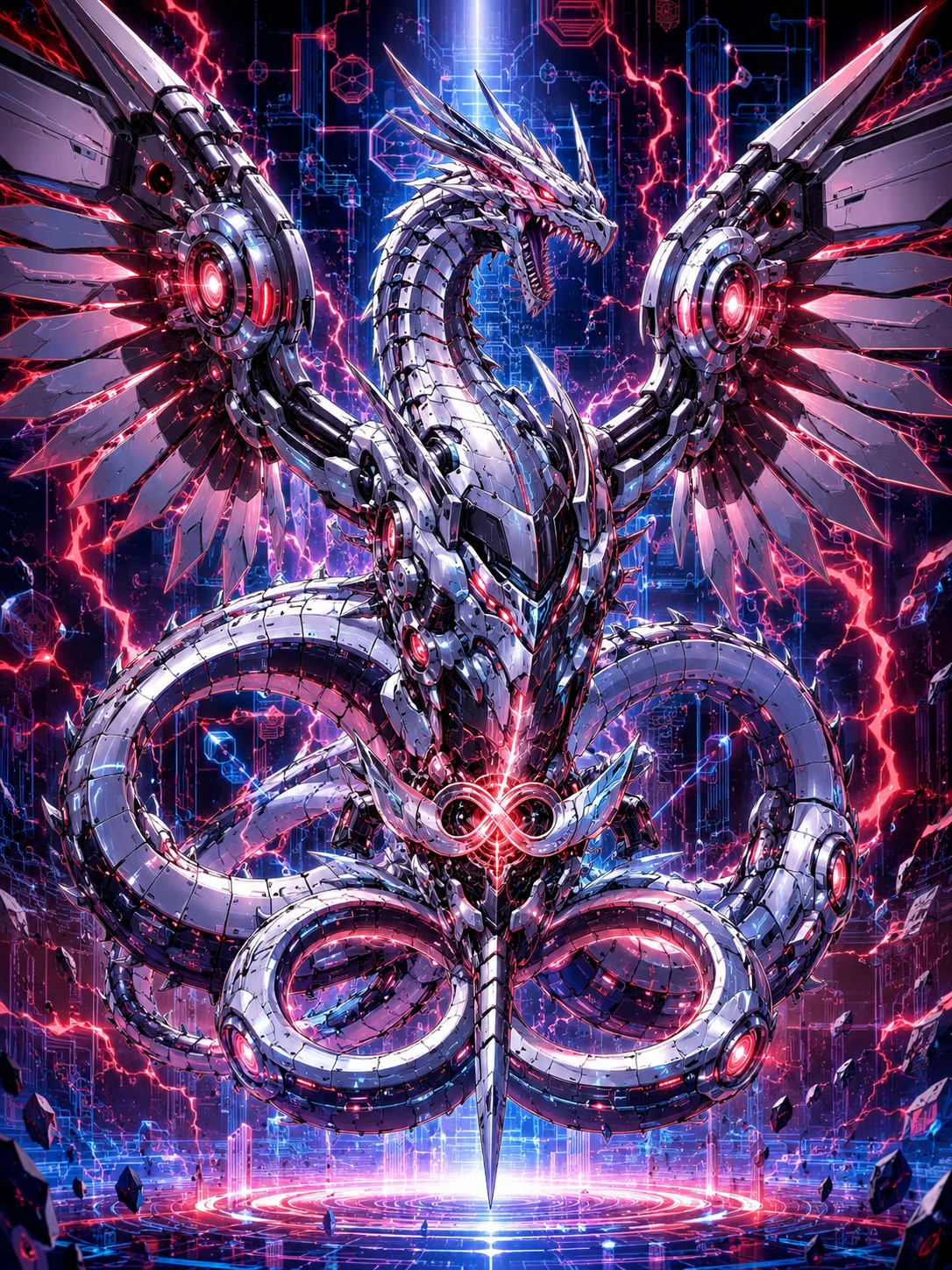 Mechanical cyber dragon roaring in a digital void