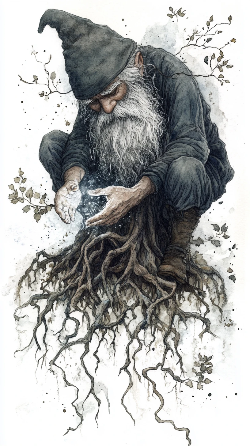 Gnome Prenant Délicatement Soin de Racines d’Arbre Magiques en Aquarelle et Encre