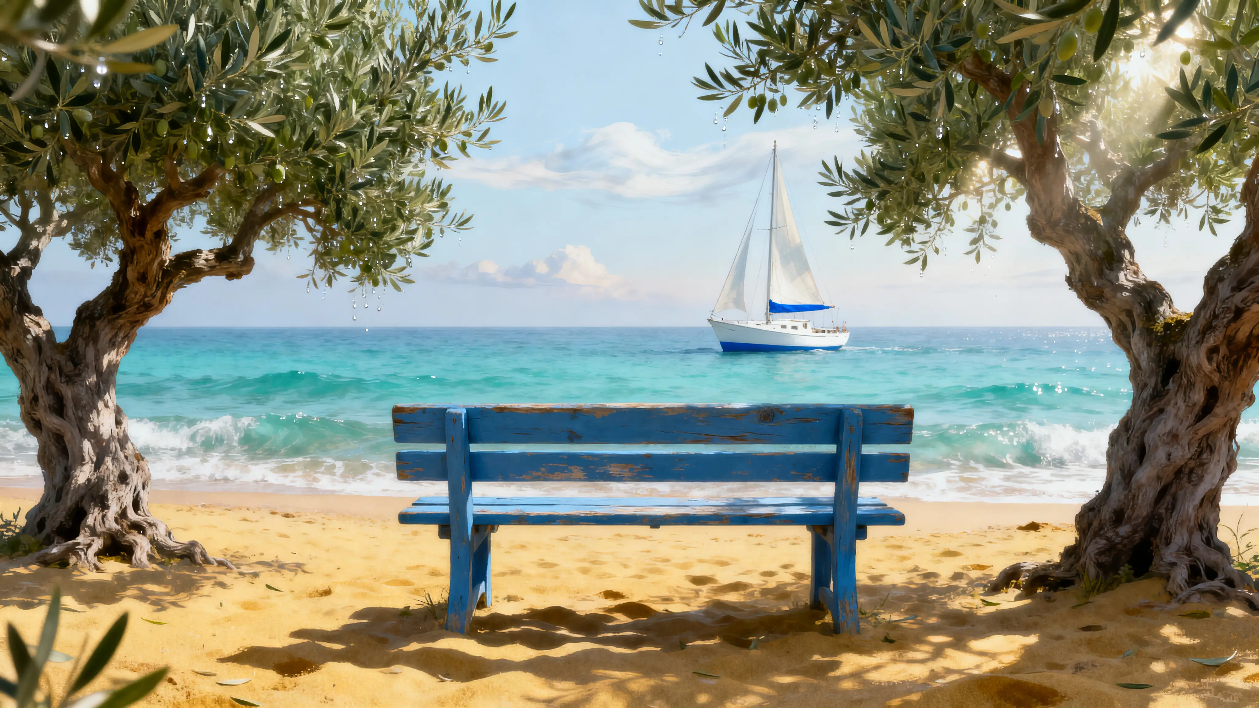Panchina blu di fronte a una spiaggia greca con acqua turchese