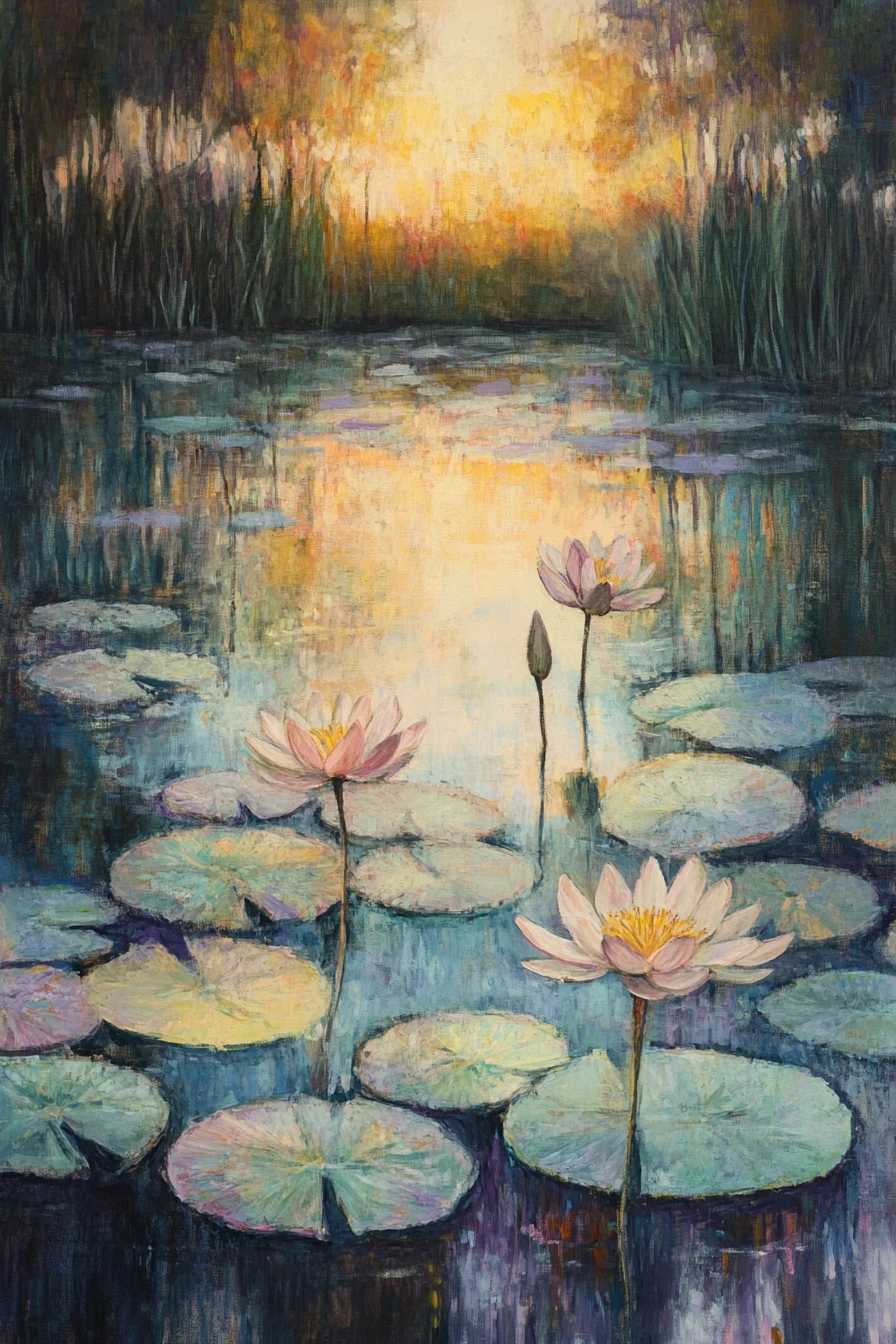 Serenas ninféias impressionistas ao amanhecer em um lago
