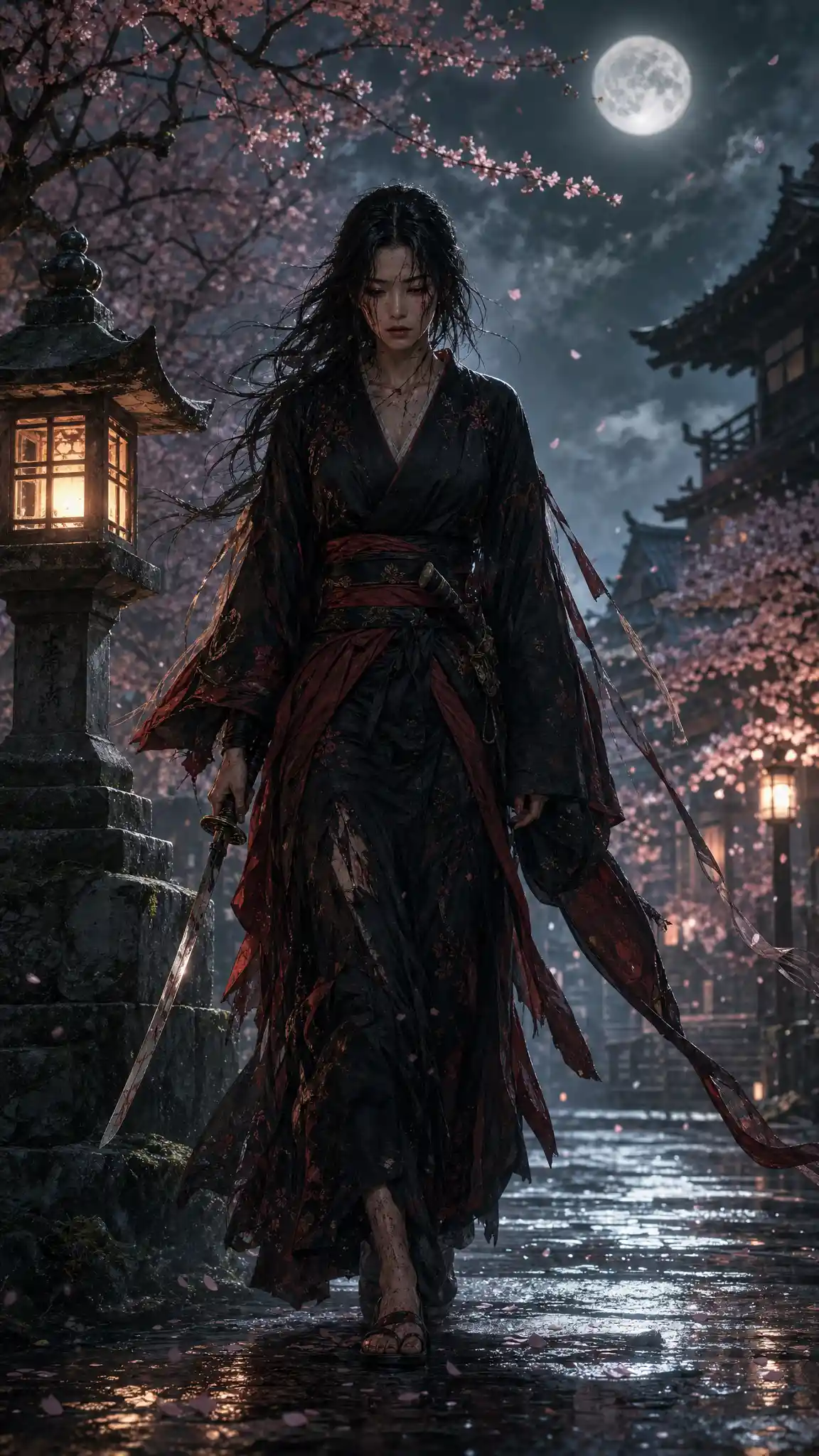 Mujer samurái caminando por una calle japonesa iluminada por la luna