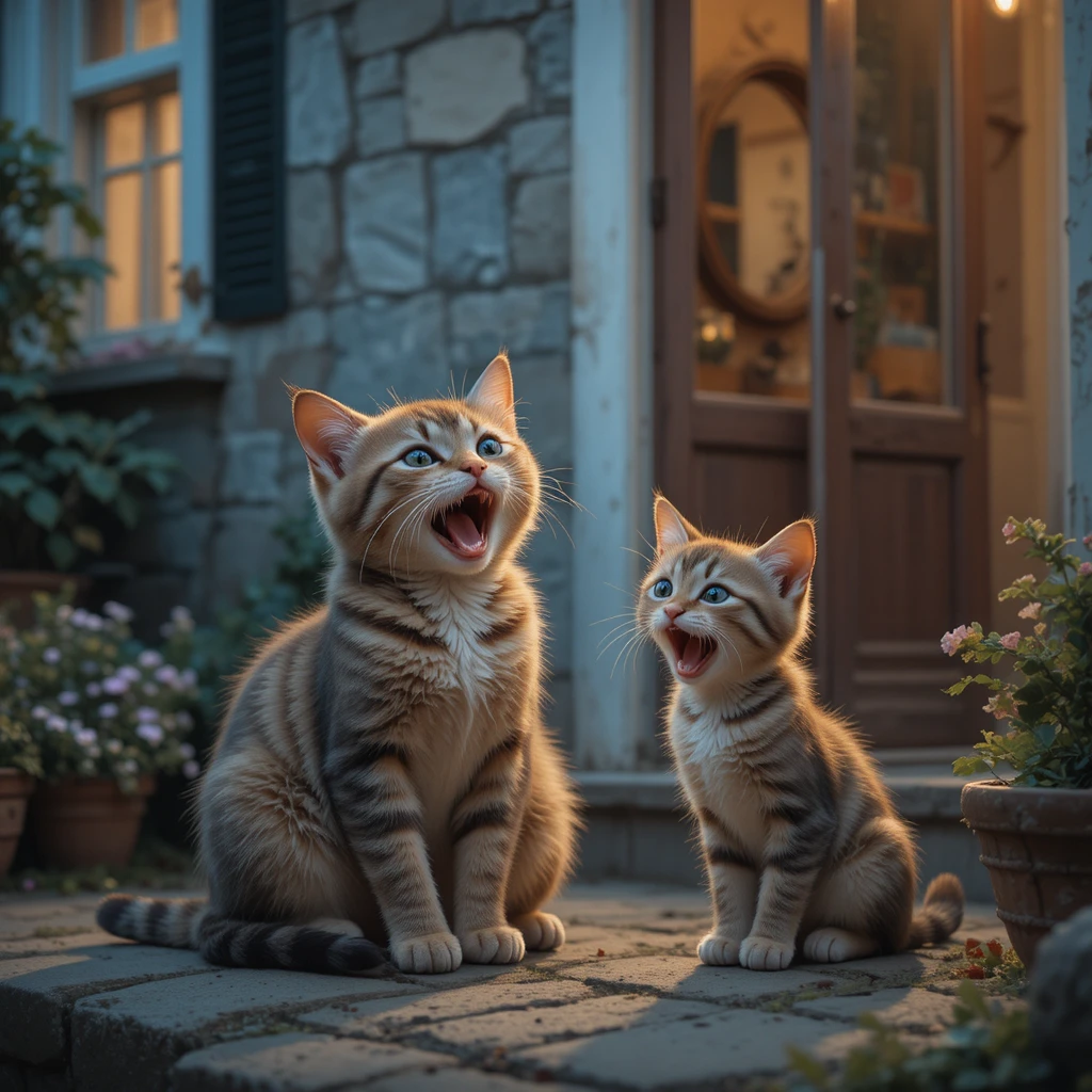 Filhote de gato com fome miando ao lado da mãe do lado de fora de uma casa