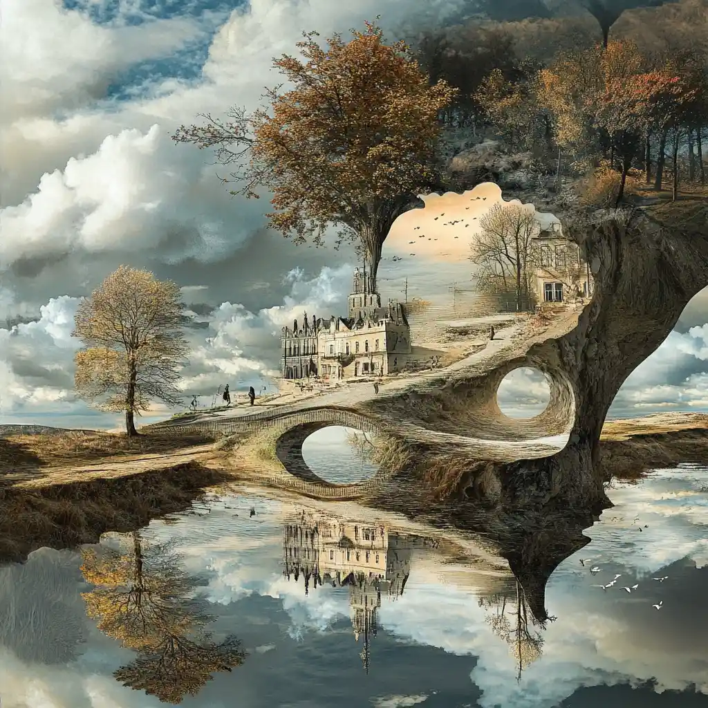 Surreal illusion artwork with multiple images in one scene