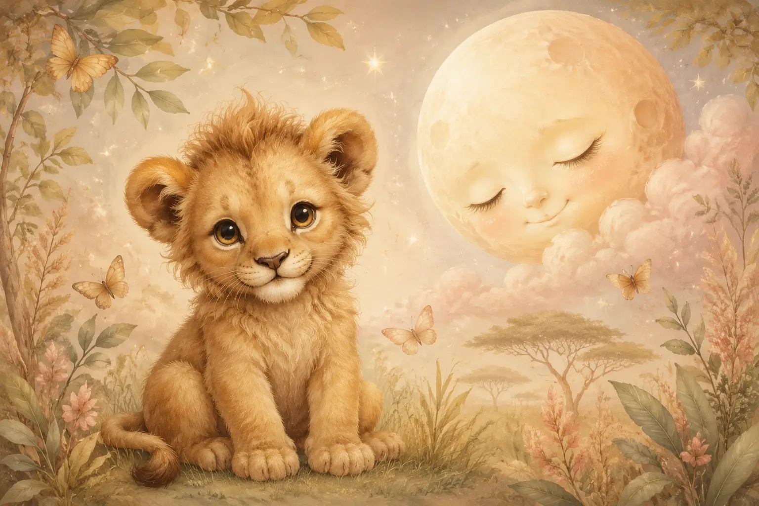 草地上可愛的小獅子與粉彩蝴蝶