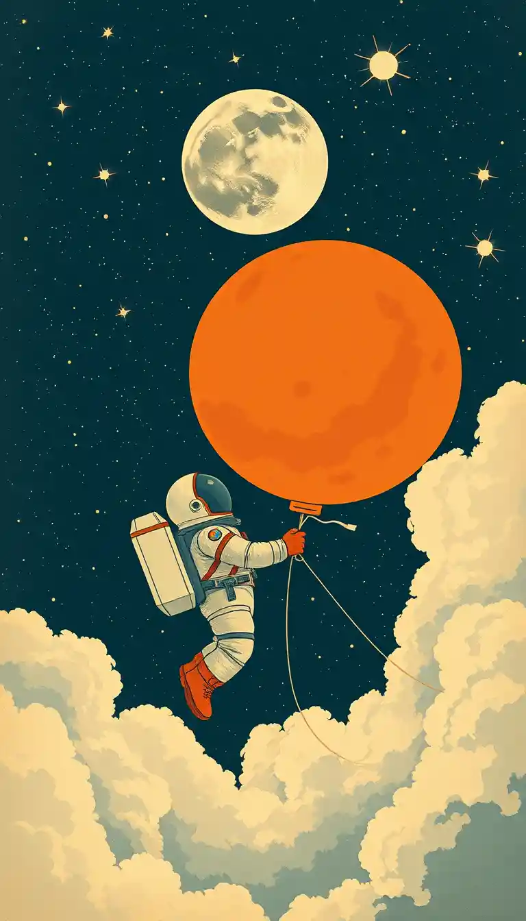 宇航員在太空中漂浮，手持巨型行星氣球
