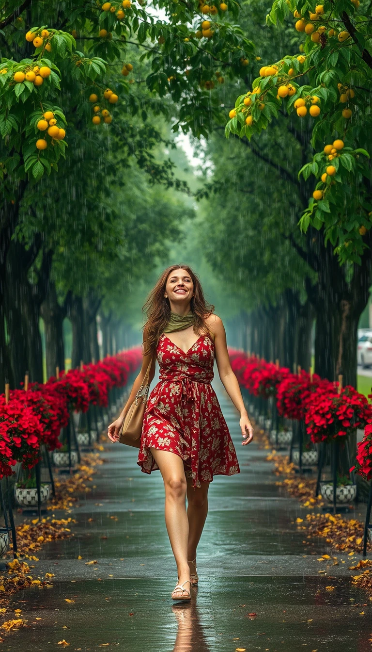 Mulher alegre caminhando por um parque urbano chuvoso de verão