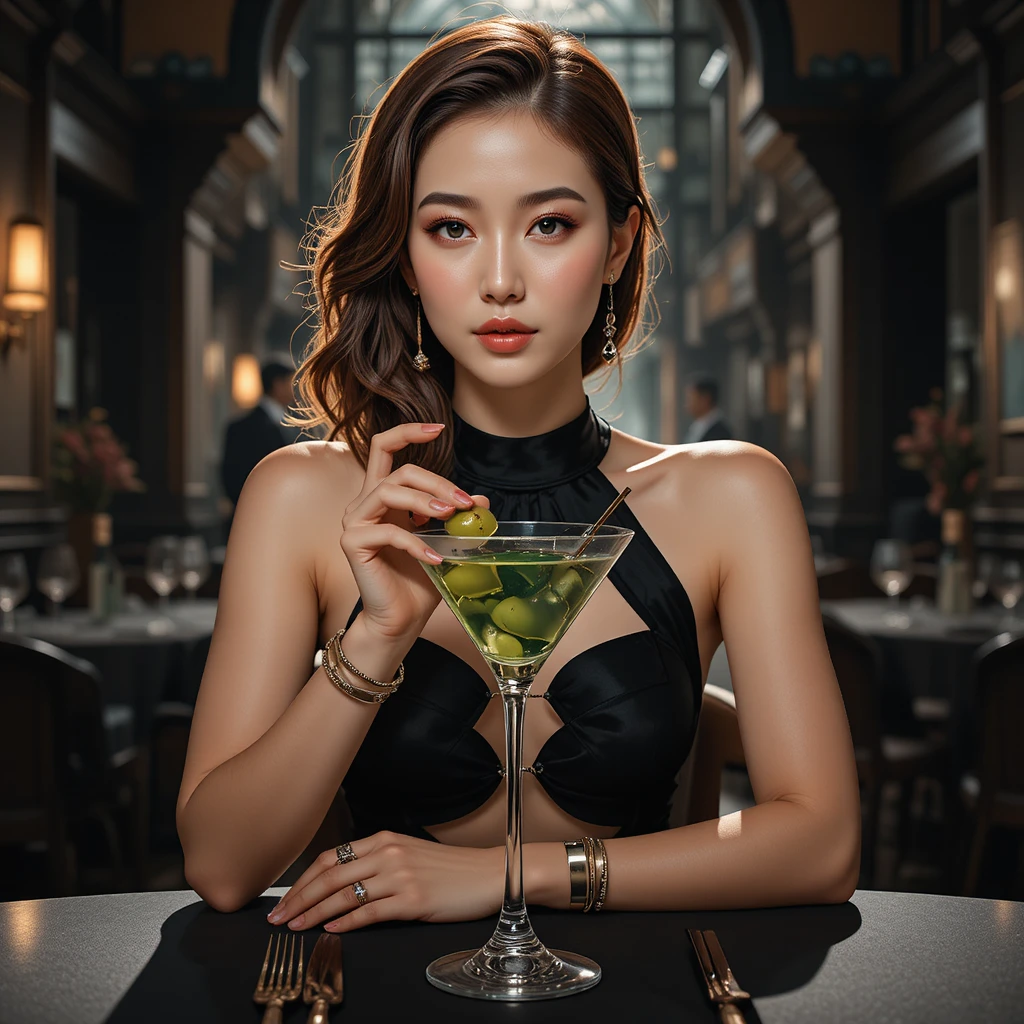 Studentessa coreana al primo anno, sicura di sé, con martini in un ristorante buio