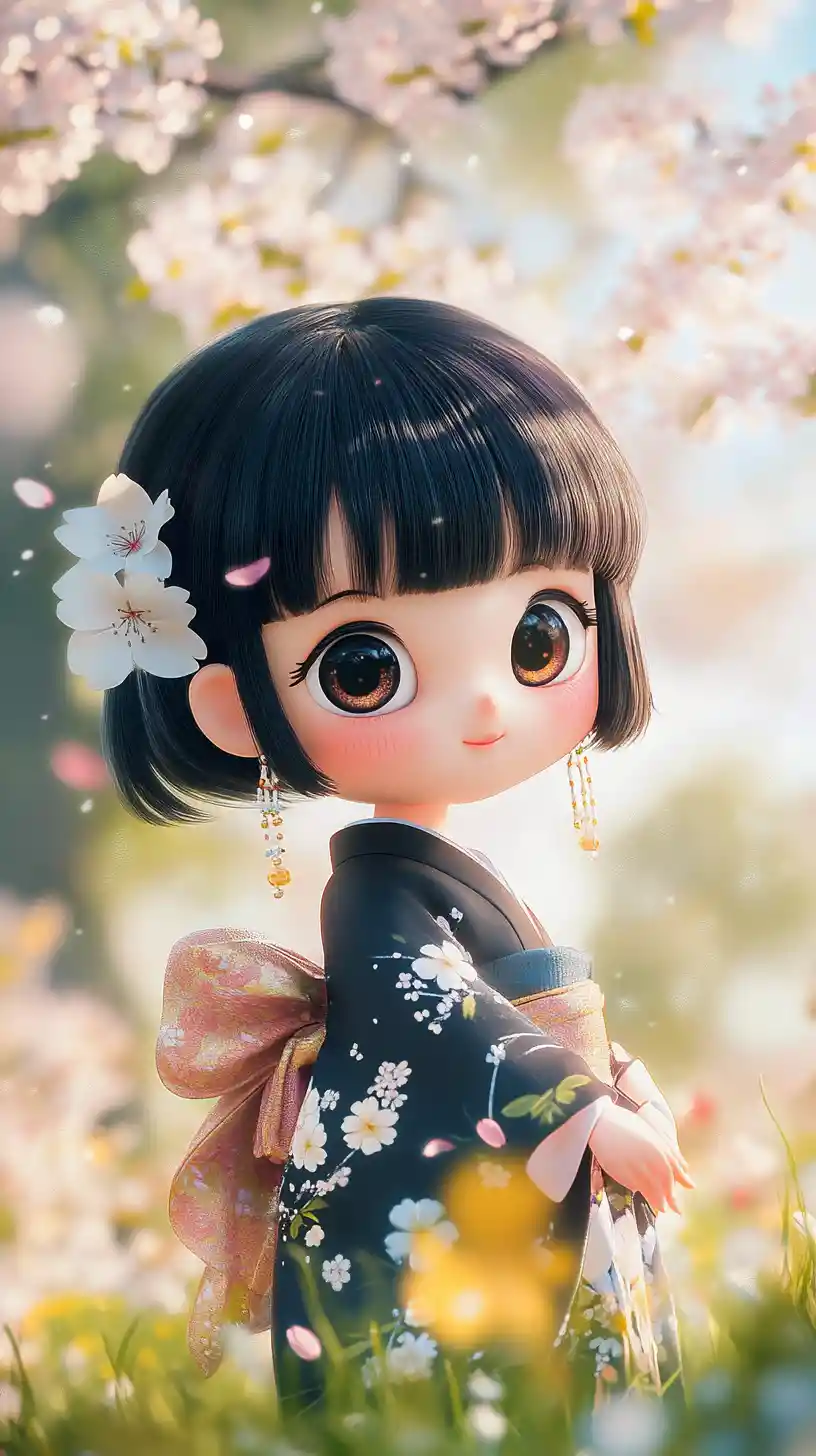 春日花園中的黑色和服可愛Q版女孩