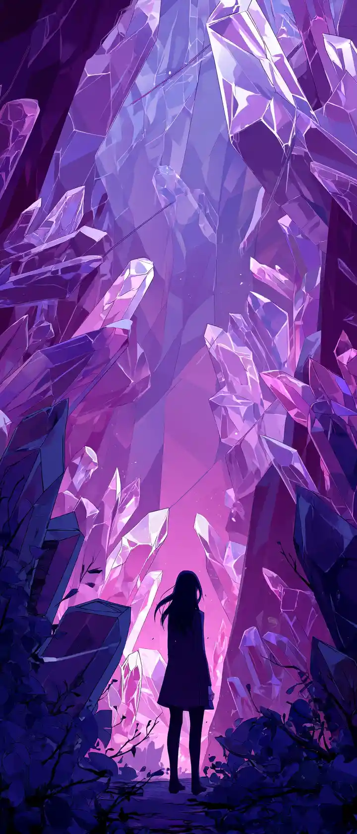 Donna in stile anime in una grotta di cristalli luminosi con gli echi della famiglia perduta