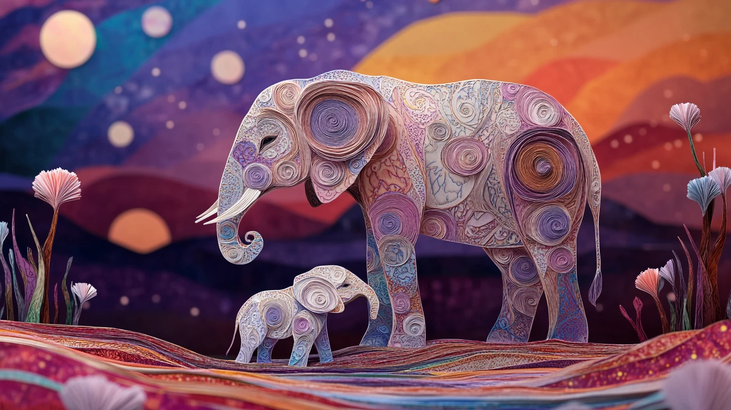 Mãe elefante protegendo seu filhote recém-nascido em um sonho de papel