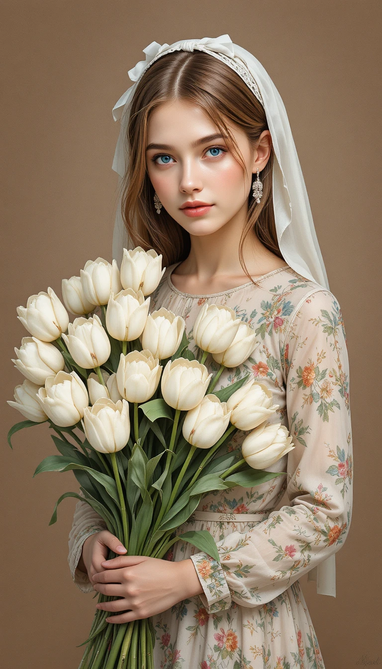 Junges Mädchen mit weißem Tulpenstrauß in Blumenkleid