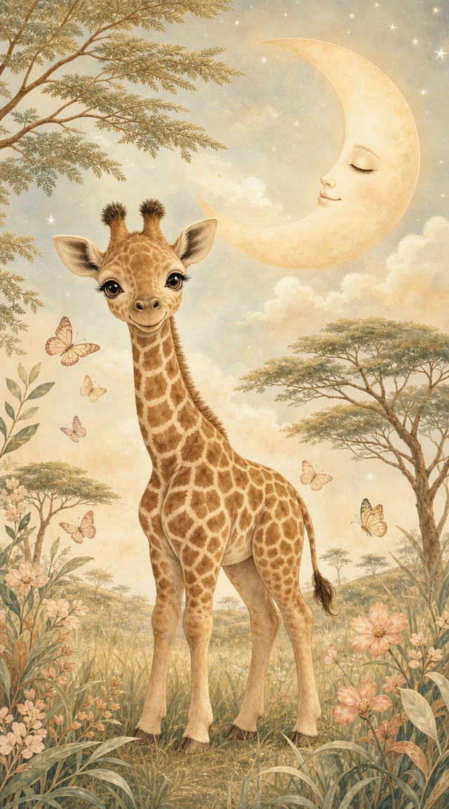 Dolce illustrazione di giraffa bebé per cameretta con luna e farfalle