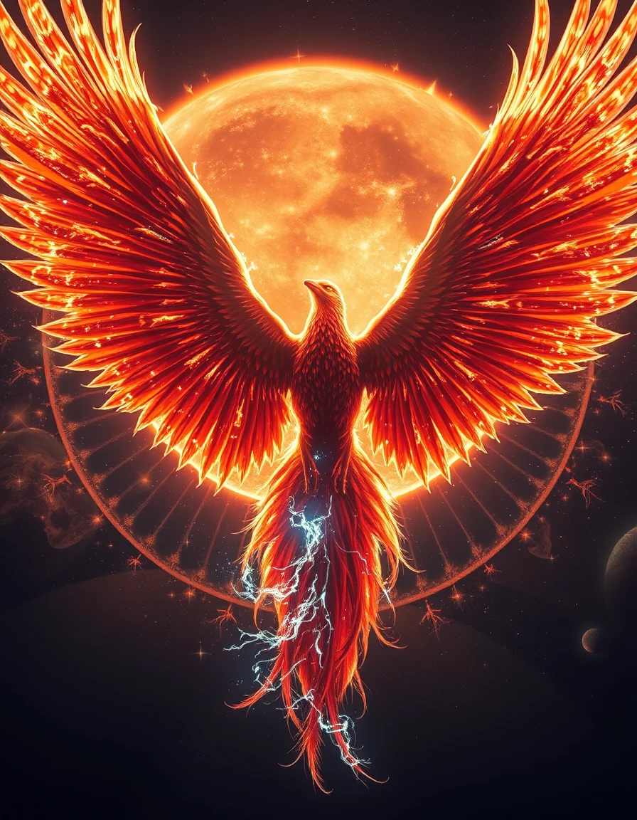 Phénix gigantesque renaissant au cœur d’une étoile mourante en flammes