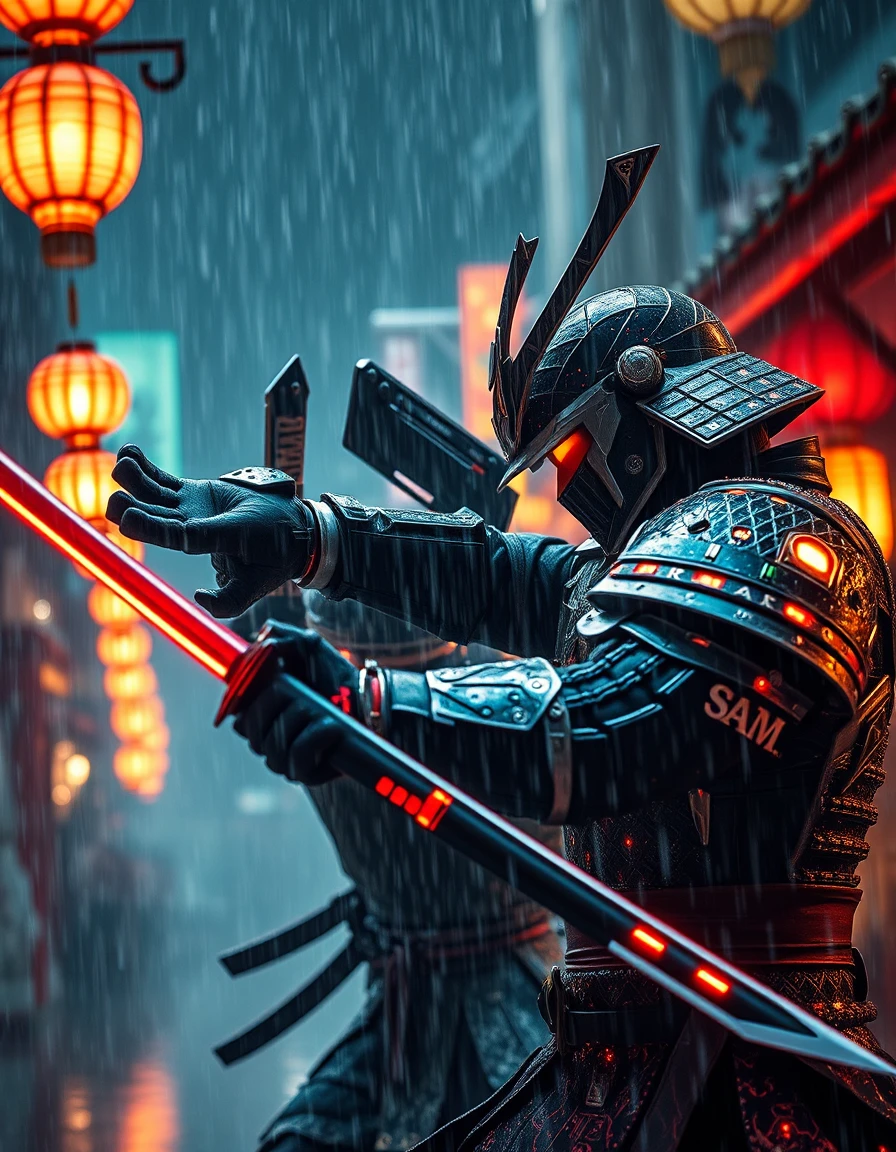 Duelo de samurais cibernéticos na chuva sob lanternas de néon brilhantes