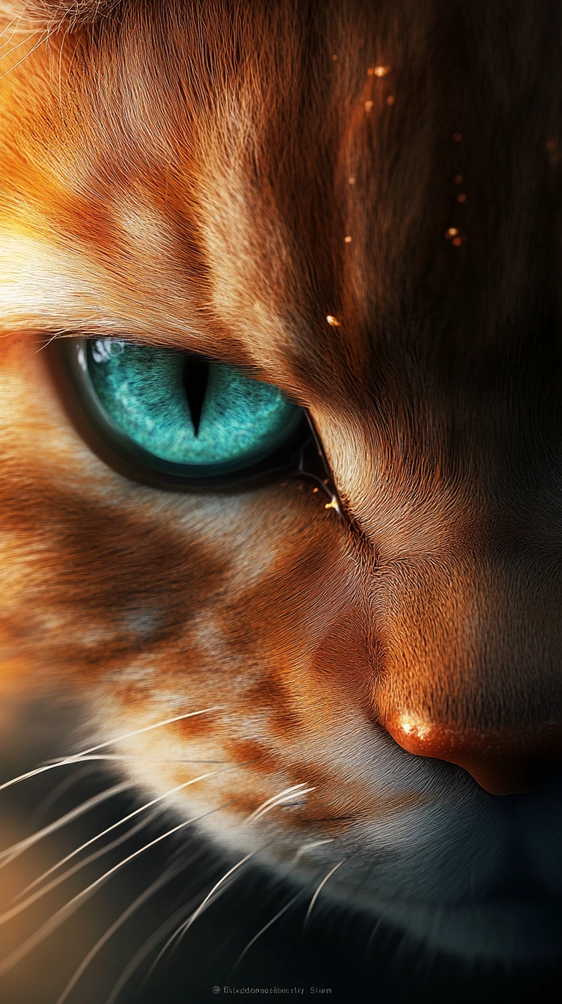 Mystical feline humanoid portrait with glowing aquamarine eyes