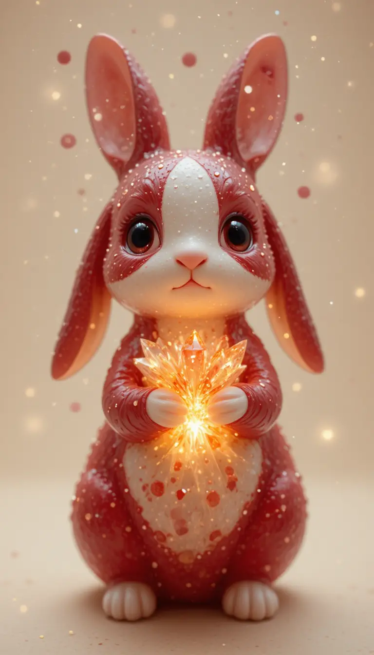 Cute crystal rabbit figurine glowing softly on beige background