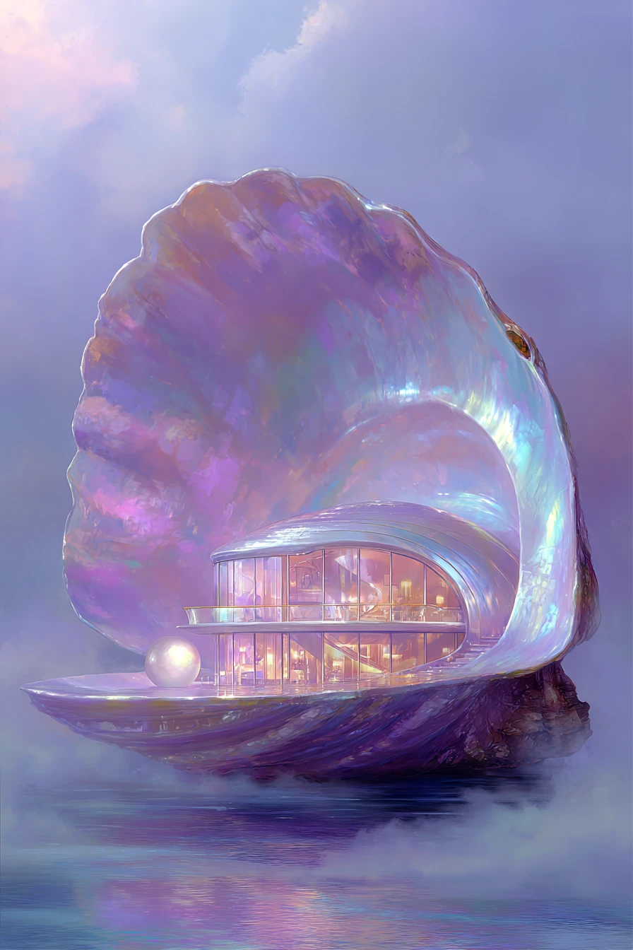 Surreales Muschelhaus mit leuchtender Perle in der Dämmerung