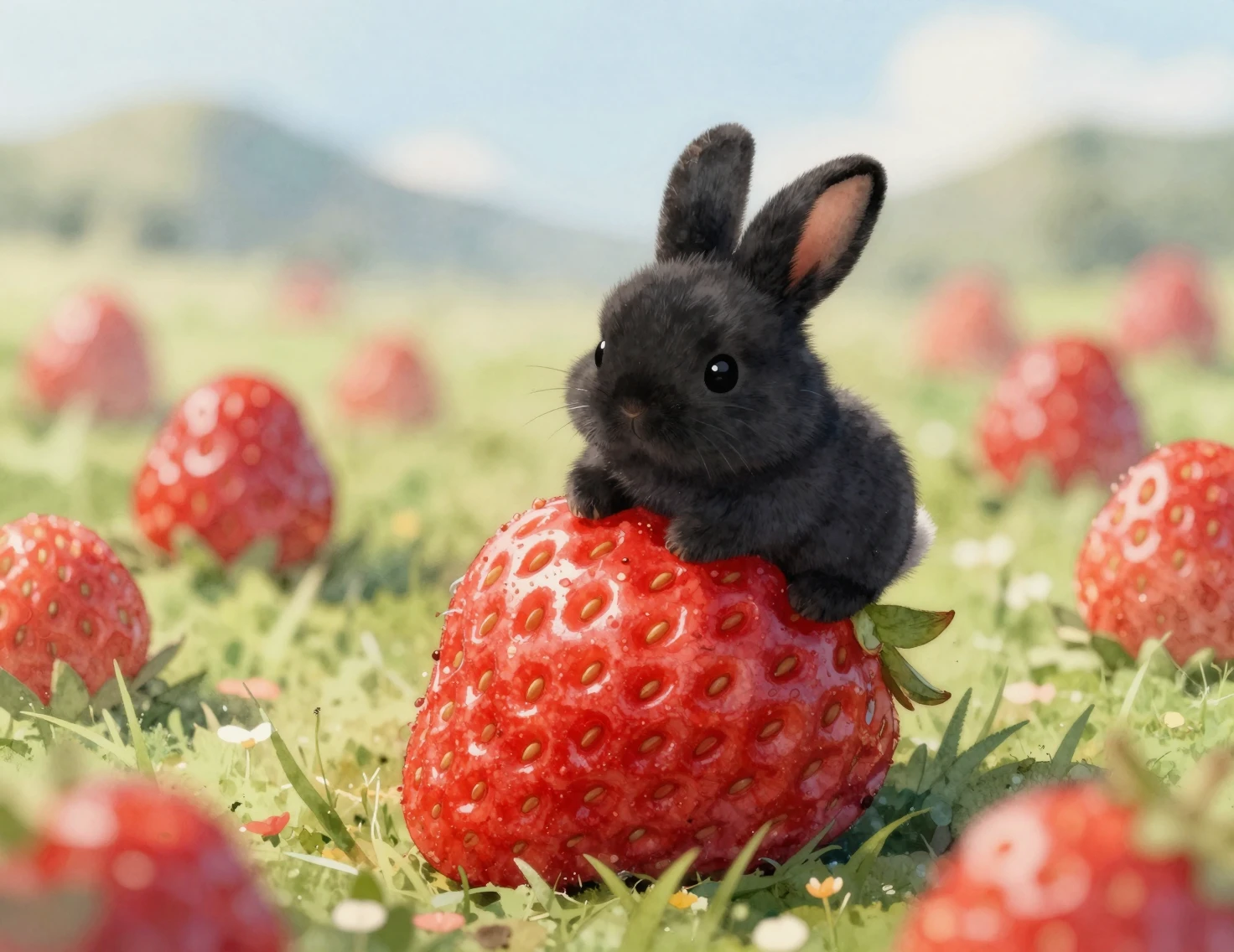 Pequeno coelho preto sentado em um grande morango vermelho