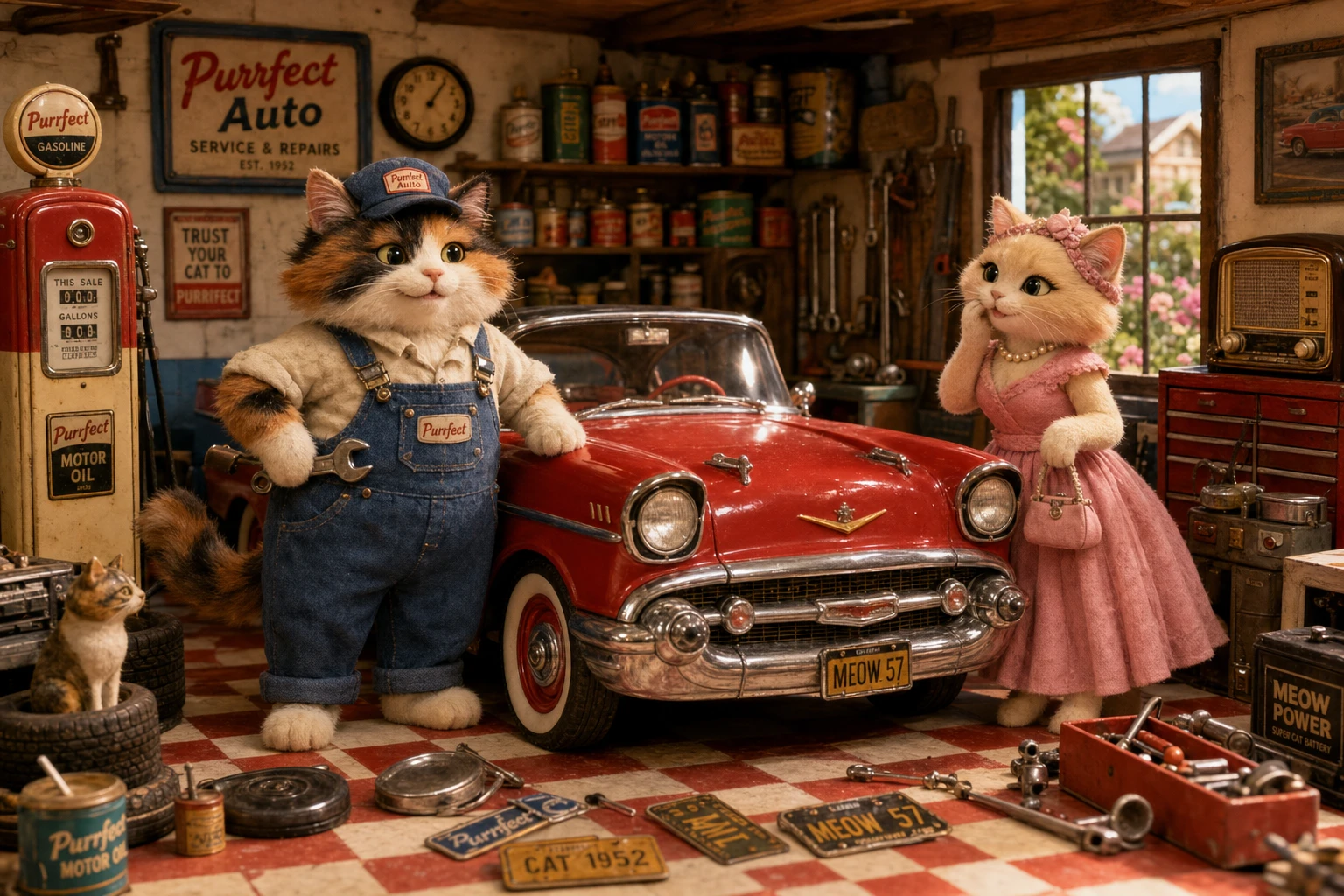 Anthropomorphic cats with vintage car in cozy 1950s garage