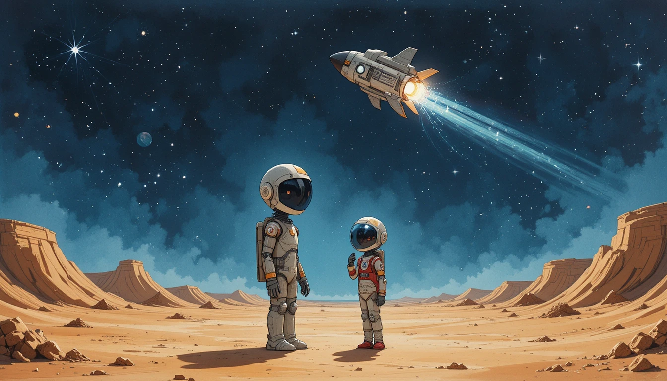 Junge Astronautin schwebt mit Roboter im Weltraum
