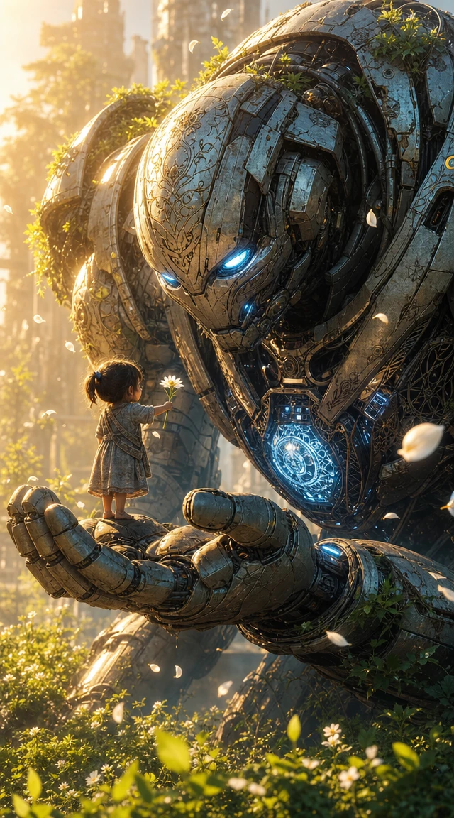 Criança oferecendo uma flor branca a um mecha guardião gentil