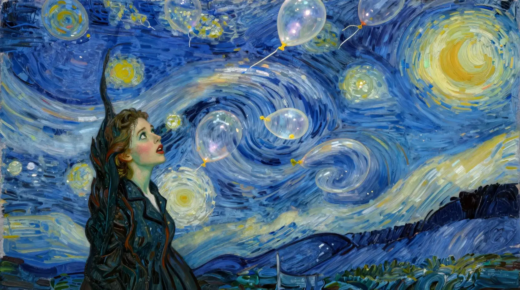 Donna bizzarra che guarda la pioggia surreale di palloncini luminosi