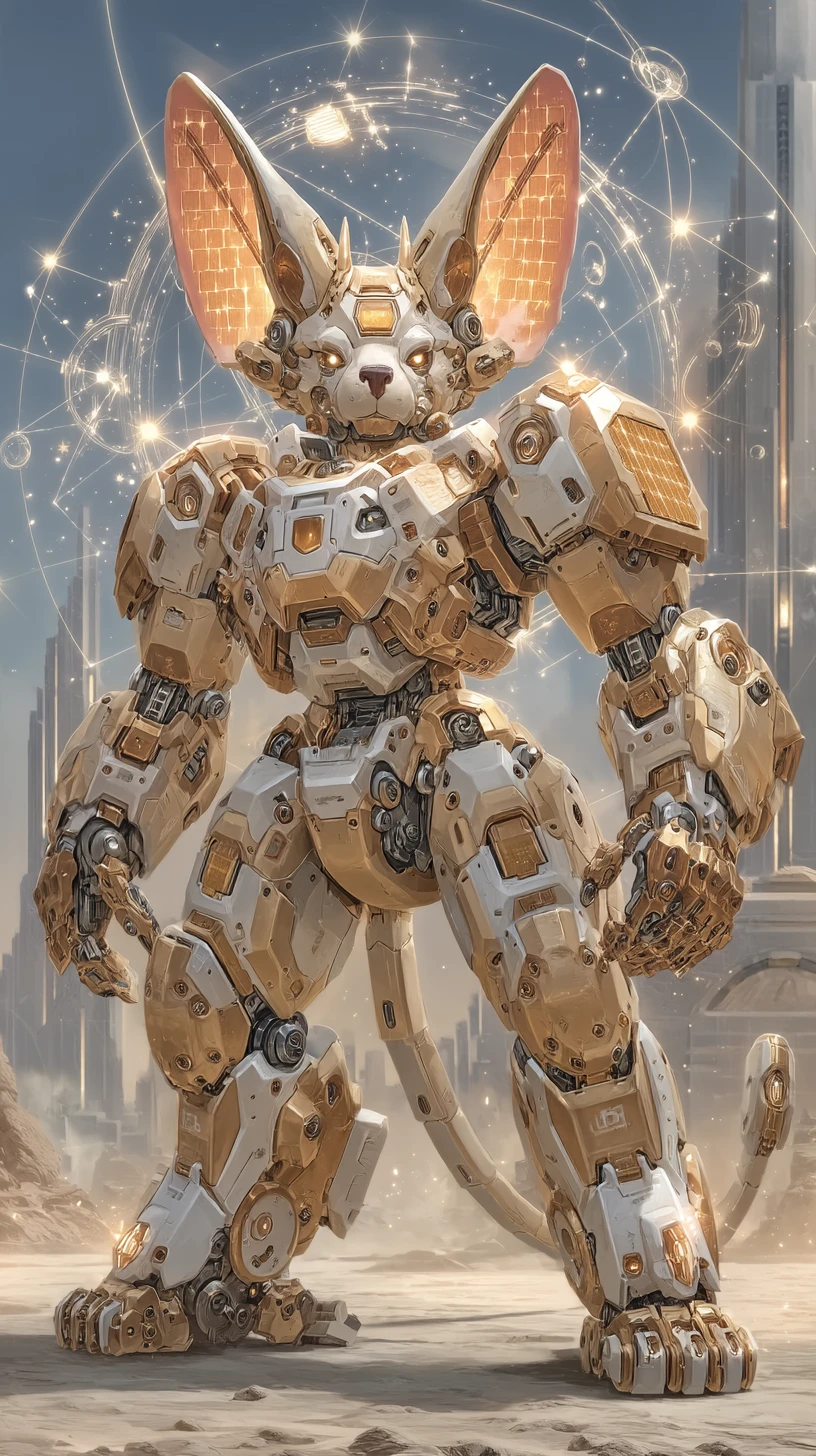 Mecha de raposa heroica com asas solares no nascer do sol do deserto