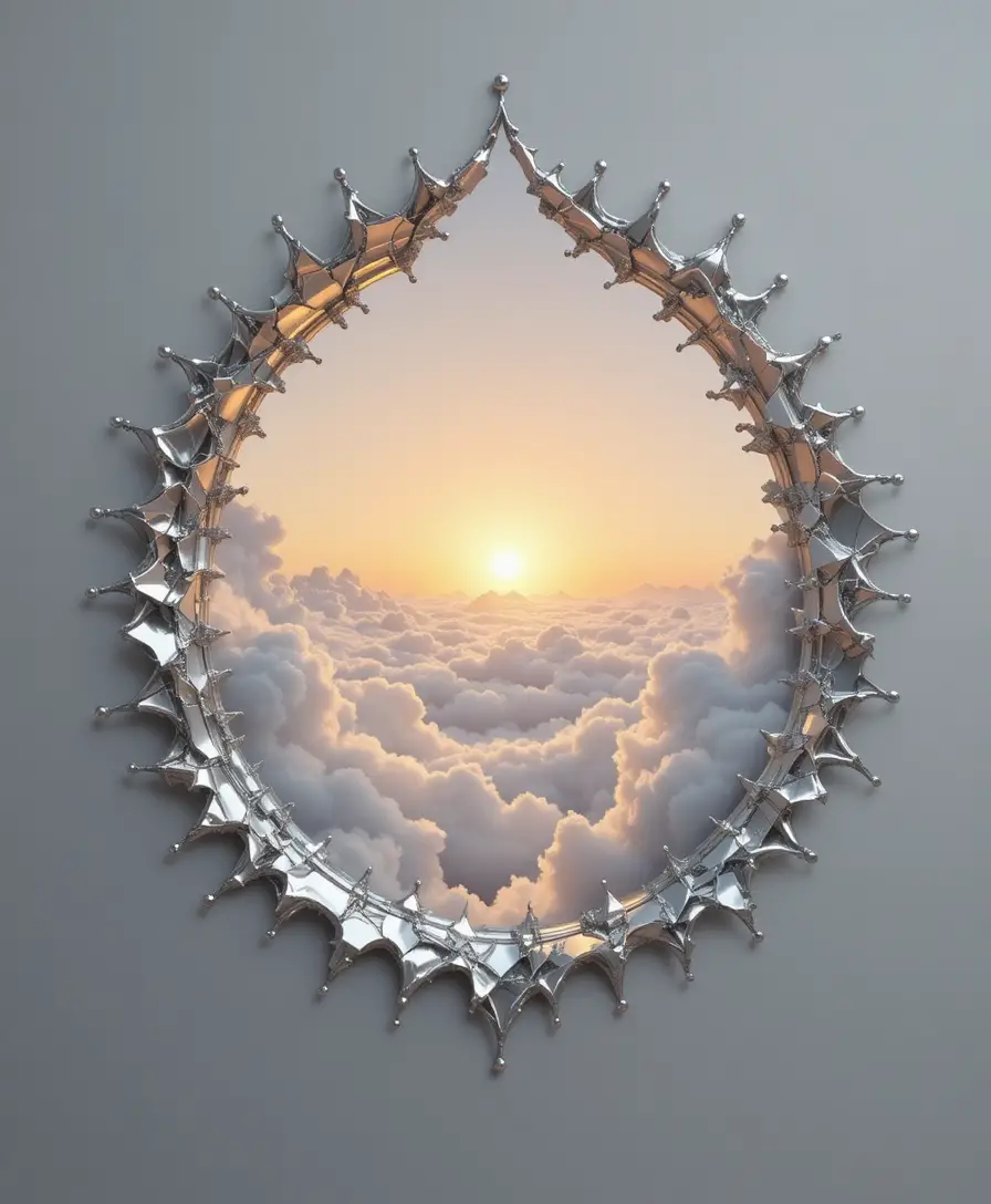 Mezzaluna metallica surreale che si apre su un cielo di alba luminoso