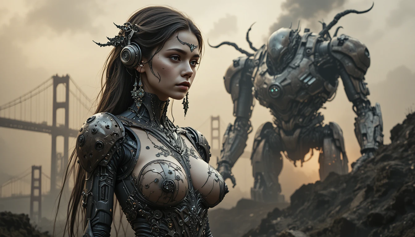 Donna cyborg e mecha gigante in una città in fiamme