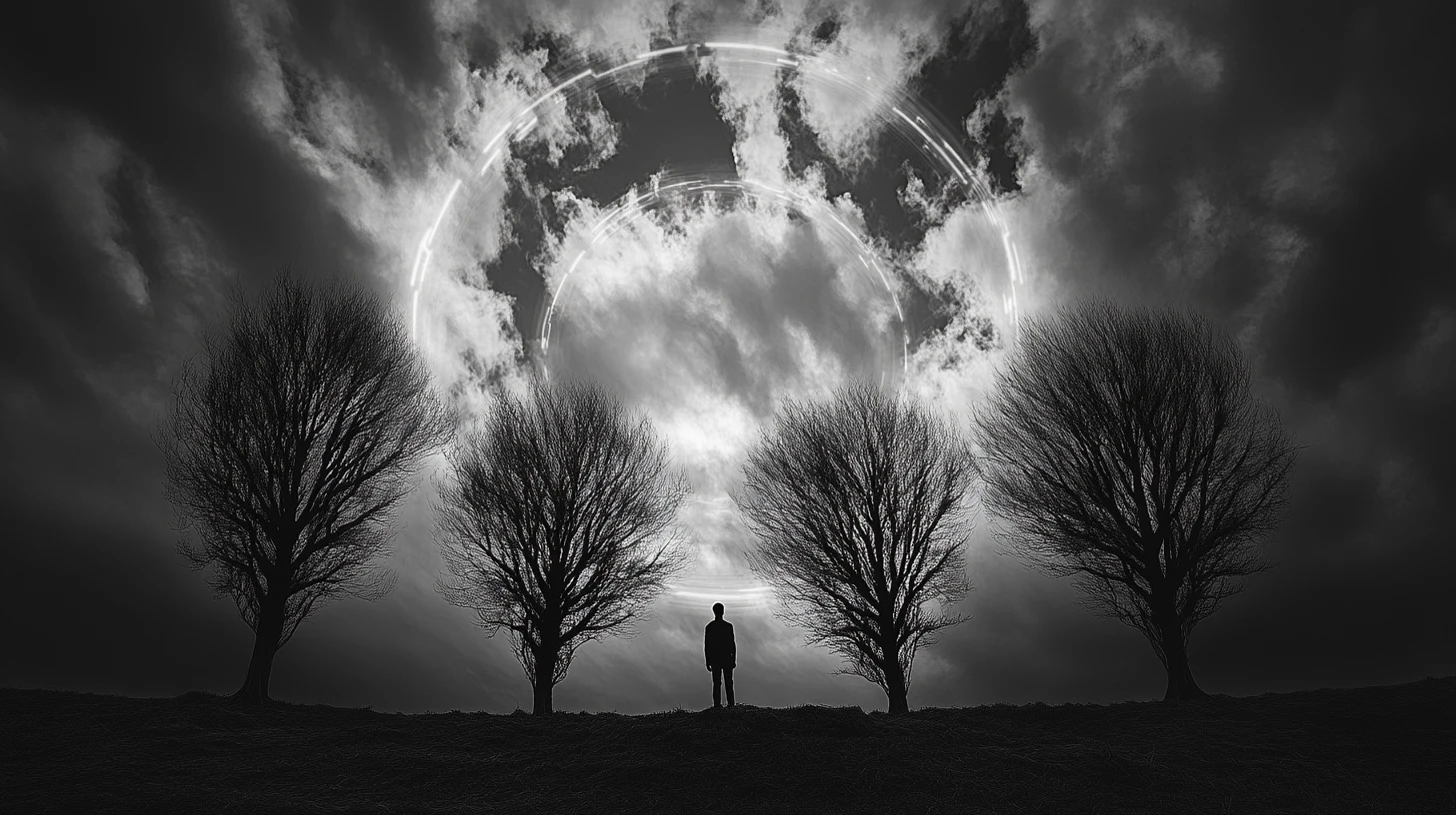 Solitary figure encircled by skeletal trees under concentric clouds