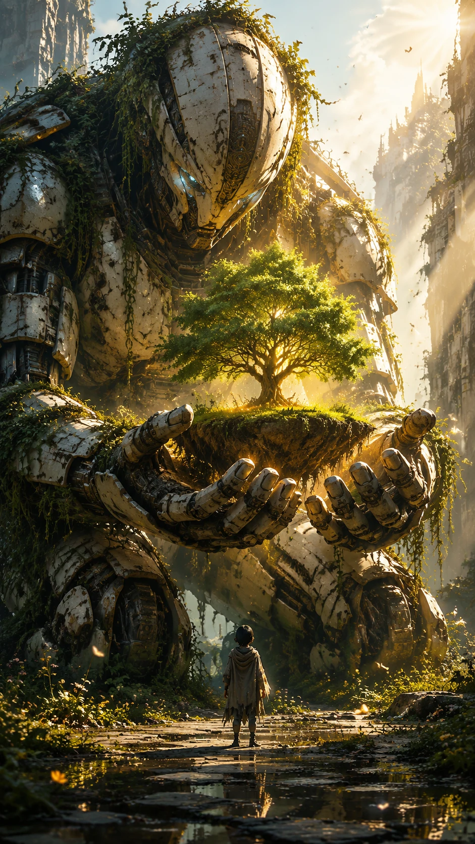 Mech guardiano antico che culla l’ultimo albero vivente