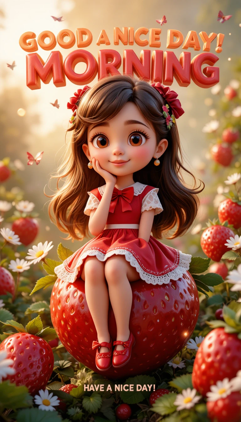 Petite fille sur une fraise géante dans un jardin magique