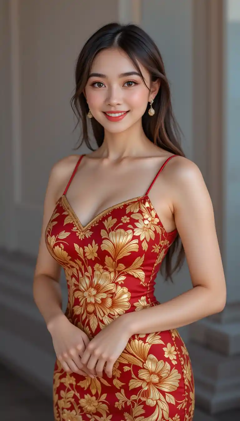 身穿中國風圖騰禮服、面向鏡頭的優雅女子