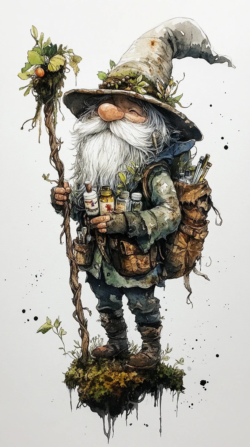 Gnome voyageur fantaisiste avec bâton sur des racines moussues