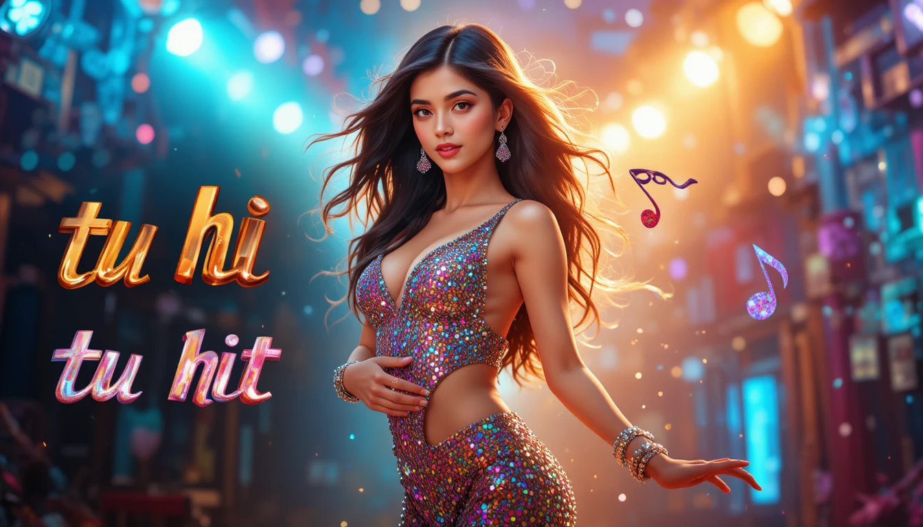 Miniatura de baile de Bollywood con mujer segura y luces