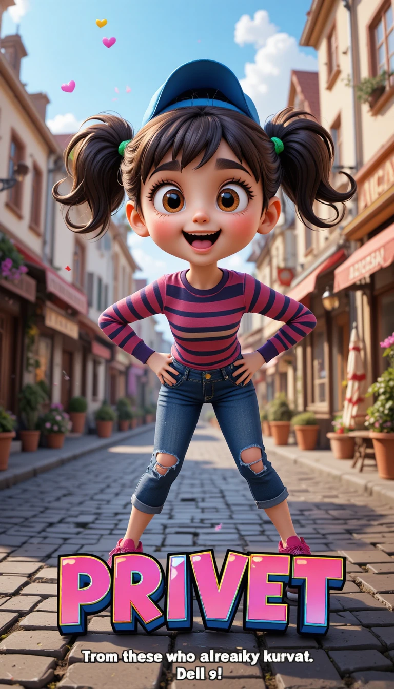 Menina cartoon 3D brincalhona em rua europeia ensolarada