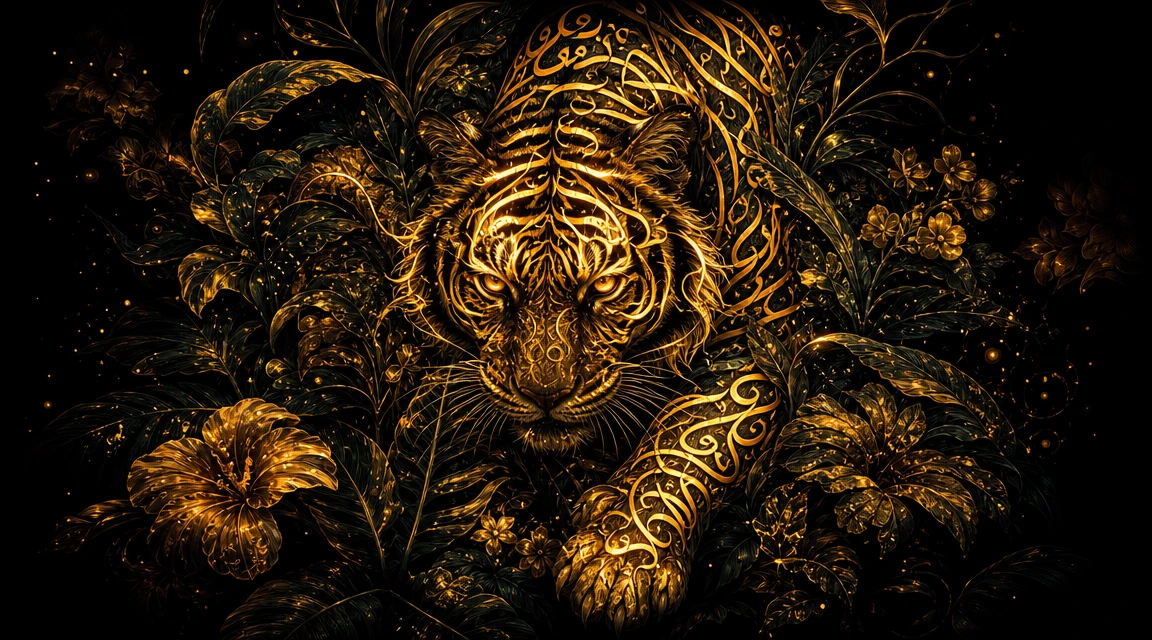 Tigre Luminoso Surgiendo de Densas Flores de Jungla Tropical