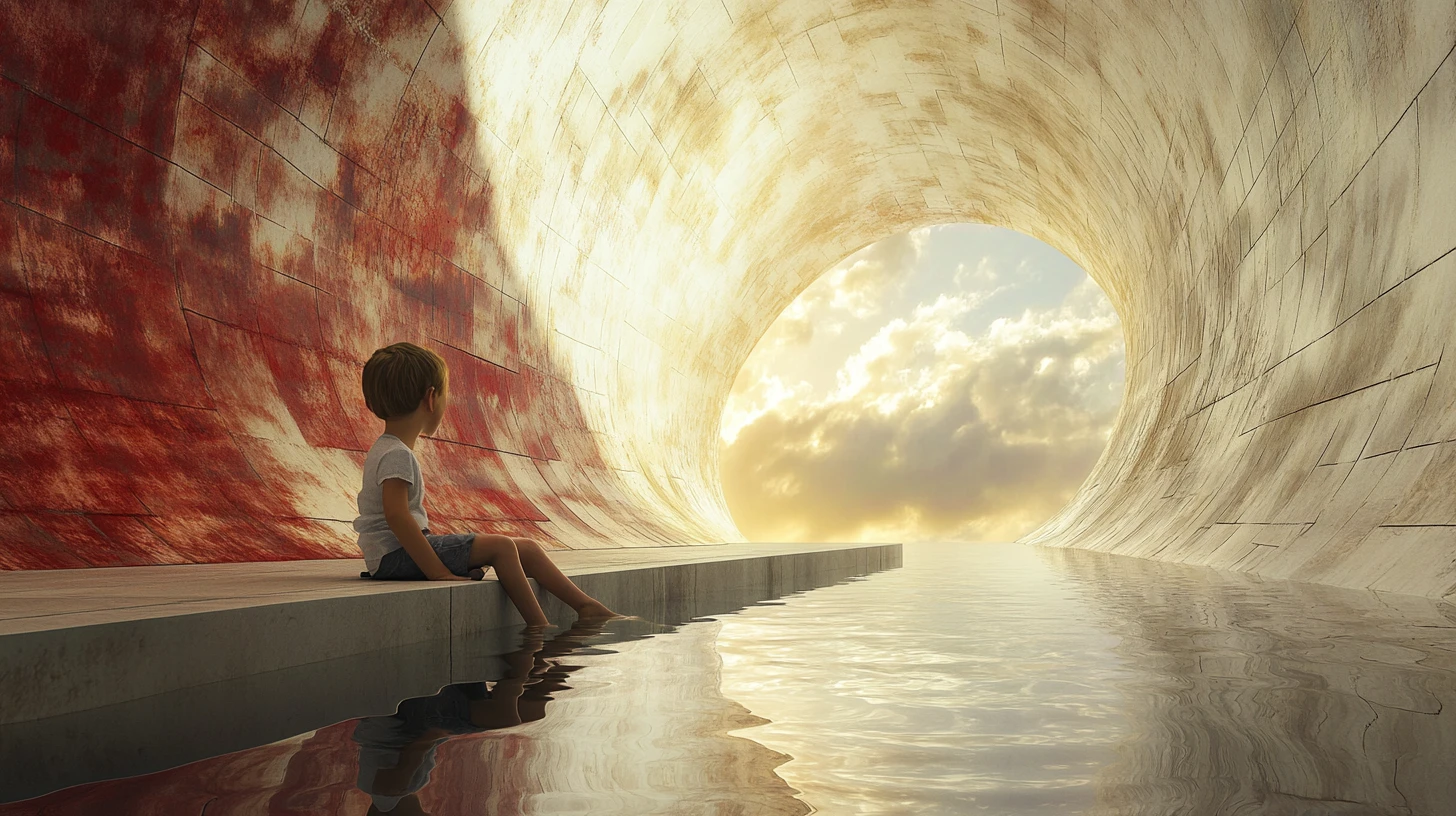Niño en plataforma sobre el agua en un pasillo surrealista