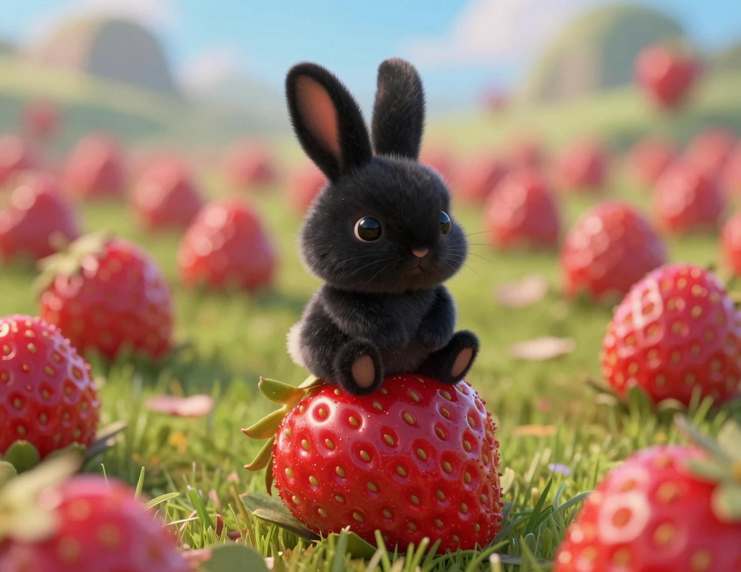 Pequeno coelho preto em cima de um único morango vermelho