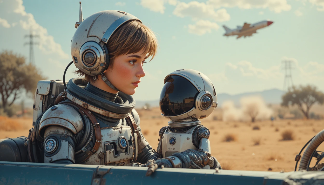 Junges Astronautenmädchen schwebt im Weltraum mit ihrem Roboter