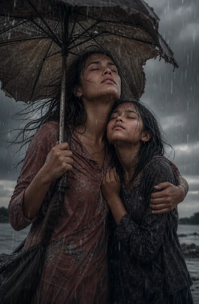 土砂降りの雨の中で傘を分け合う母と娘