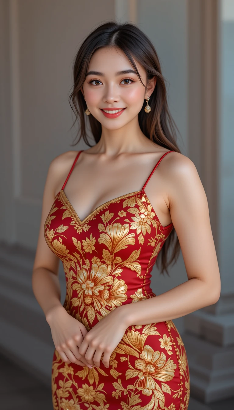 身穿中國風圖騰禮服、面向鏡頭的優雅女子